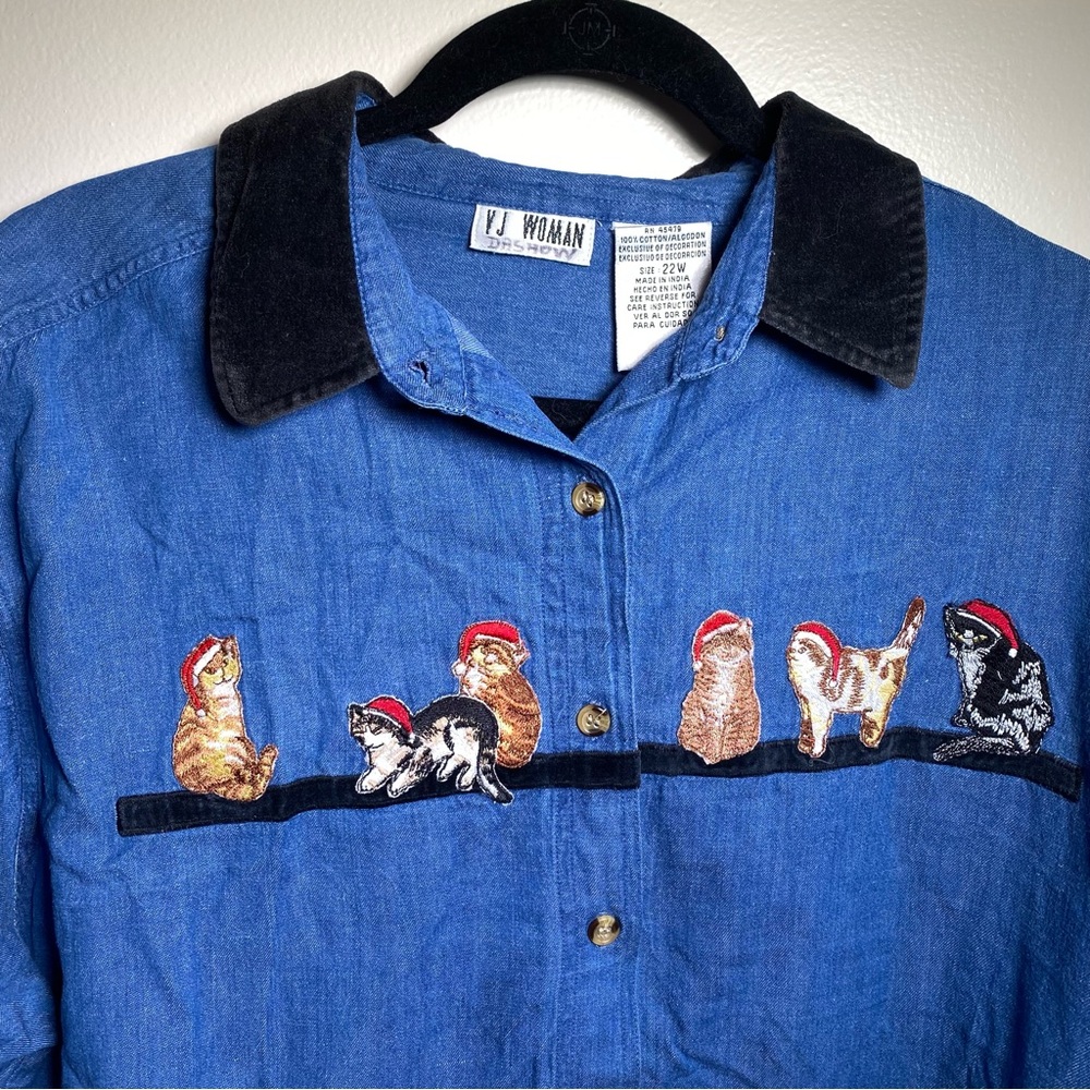 Vintage Denim shirt with Holiday or Christmas Cats w/ santa hats  Plus Size 22W